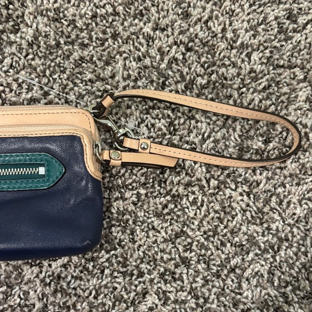 Coach Leather Wristlet Blue, Green & Tan